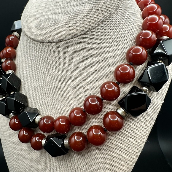 Vintage 15-11 MM ONYX & ORANGE JASPER BEAD 32" NECKLACE heavy - Picture 10 of 14